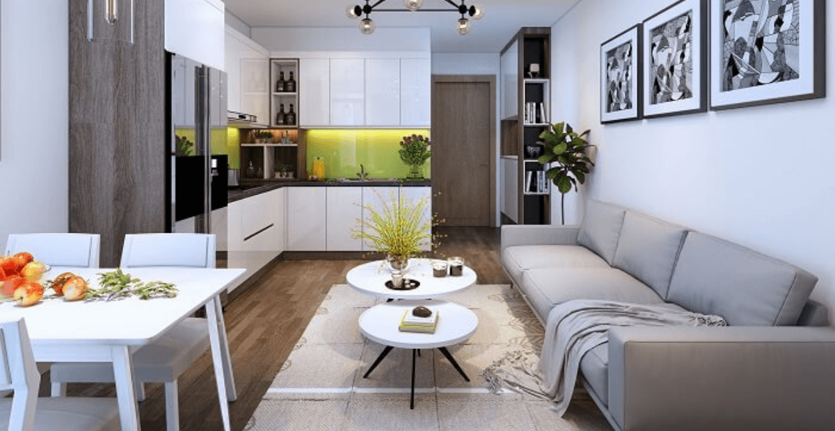hình ảnh phòng khách liền bếp 20m2