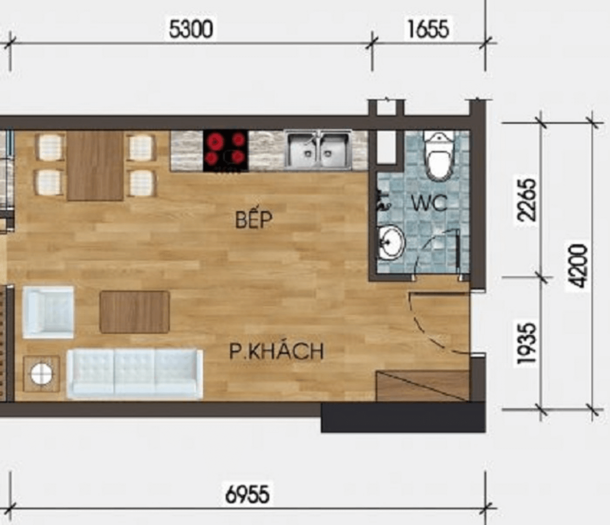mẫu phòng khách liền bếp 20m2