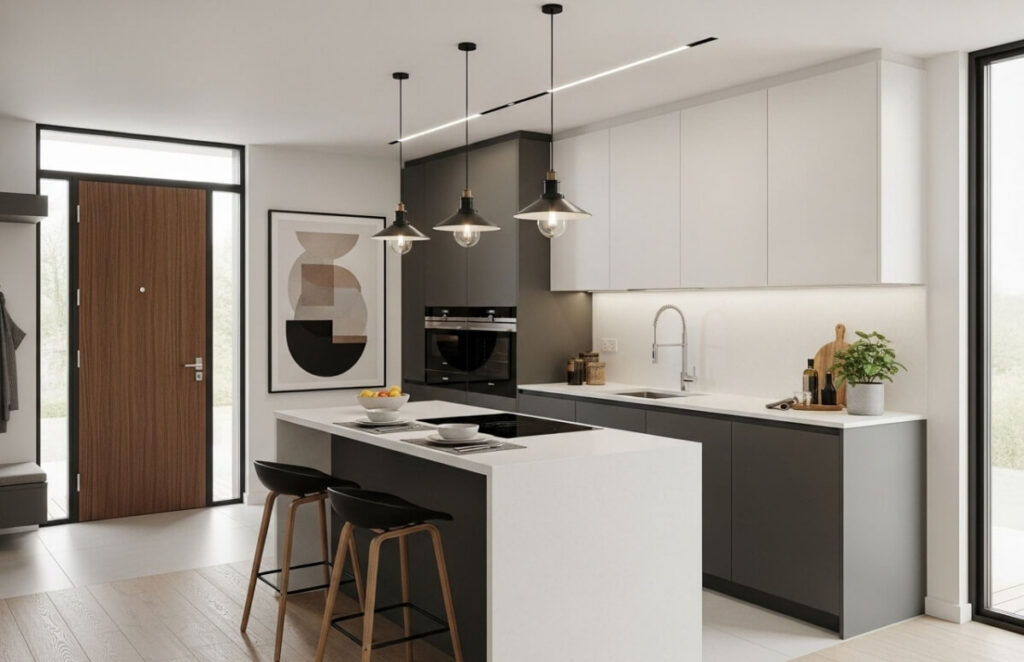 thiết kế bếp ngay cửa ra vào