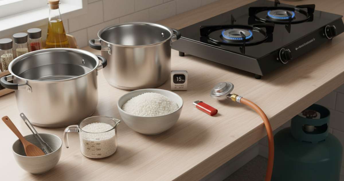 Chuẩn bị nguyên liệu và dụng cụ để nau com bang bep ga hiệu quả