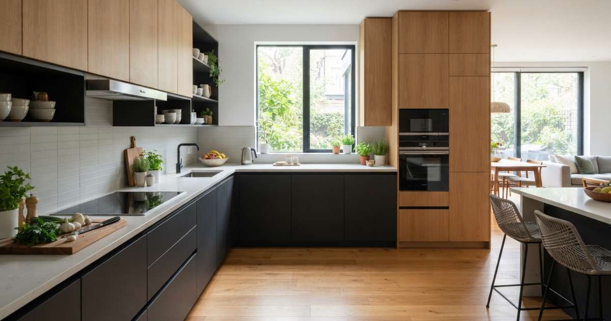 Các chất liệu phổ biến cho mẫu tủ bếp đẹp hình chữ l hiện đại