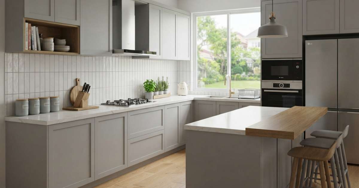 Cách phối màu tủ bếp màu ghi sáng thanh lịch và ấn tượng