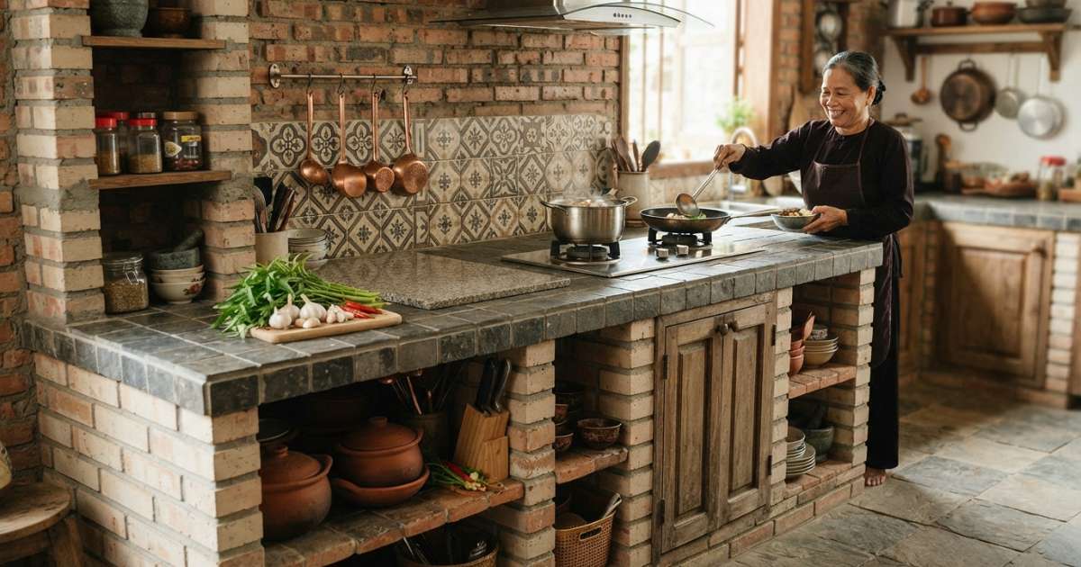 Kích thước kệ bếp xây gạch chuẩn phong thủy và công năng