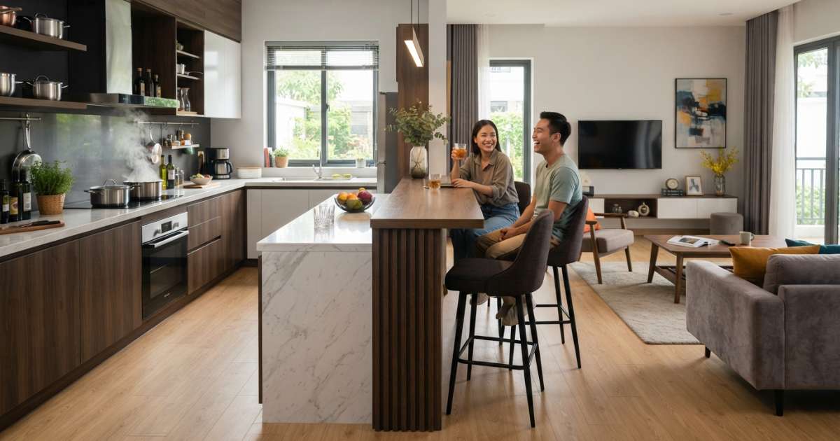 Kích thước tiêu chuẩn khi làm quầy bar ngăn bếp và phòng khách