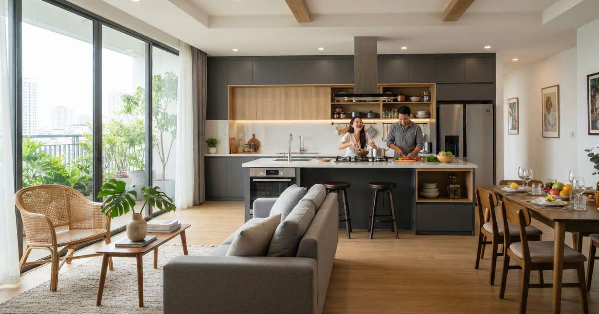 Lợi ích vượt trội khi kết nối không gian bếp và phòng khách