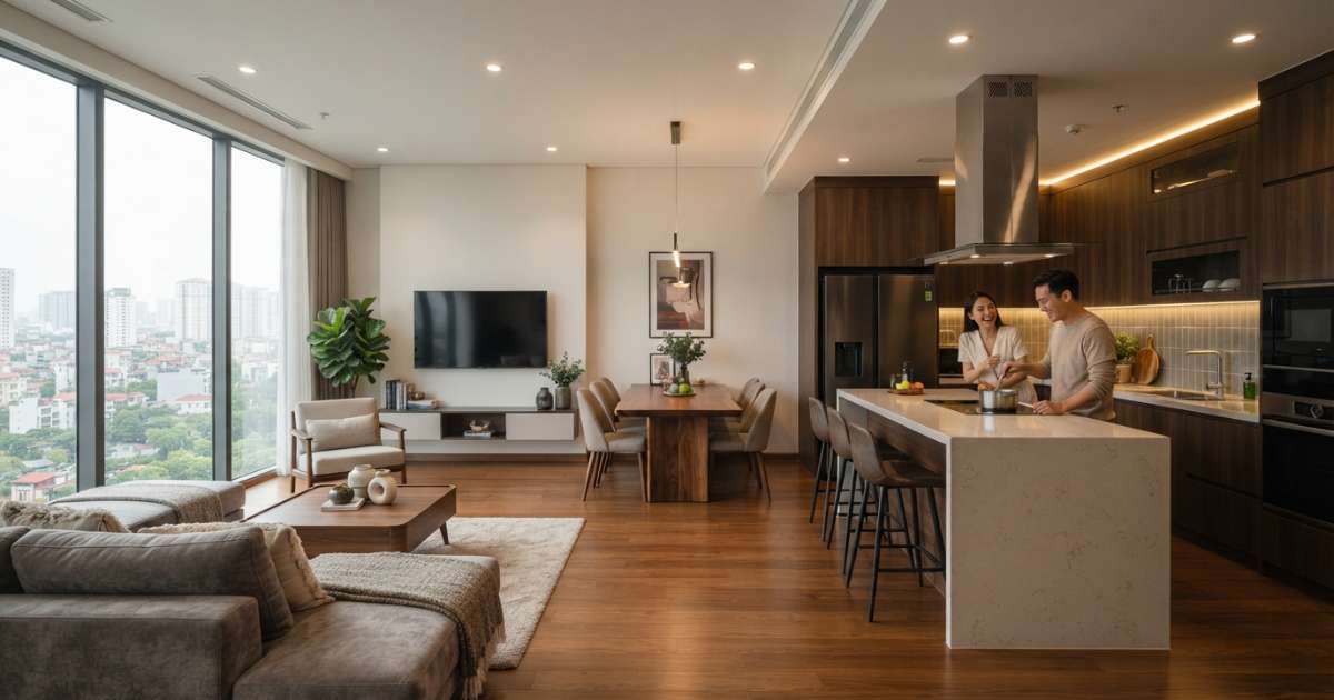 Những lưu ý quan trọng khi trang trí phòng khách liền bếp 50m2